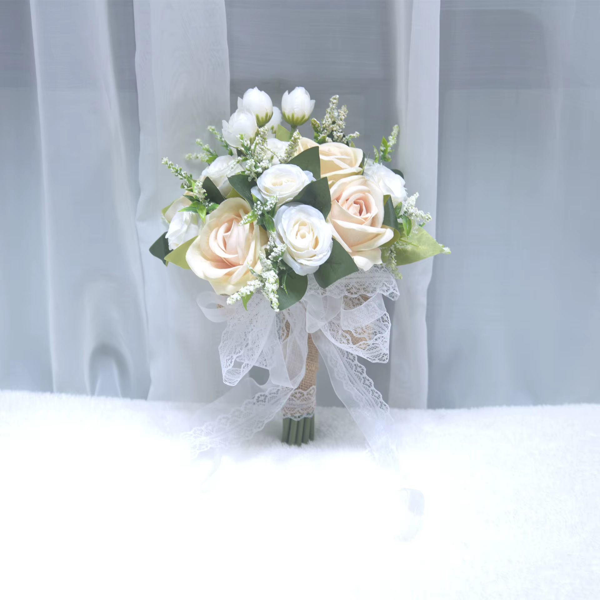 Bouquet de mariée artificiel en roses, en dentelle et toile de jute, fleur artificielle à tenir en m