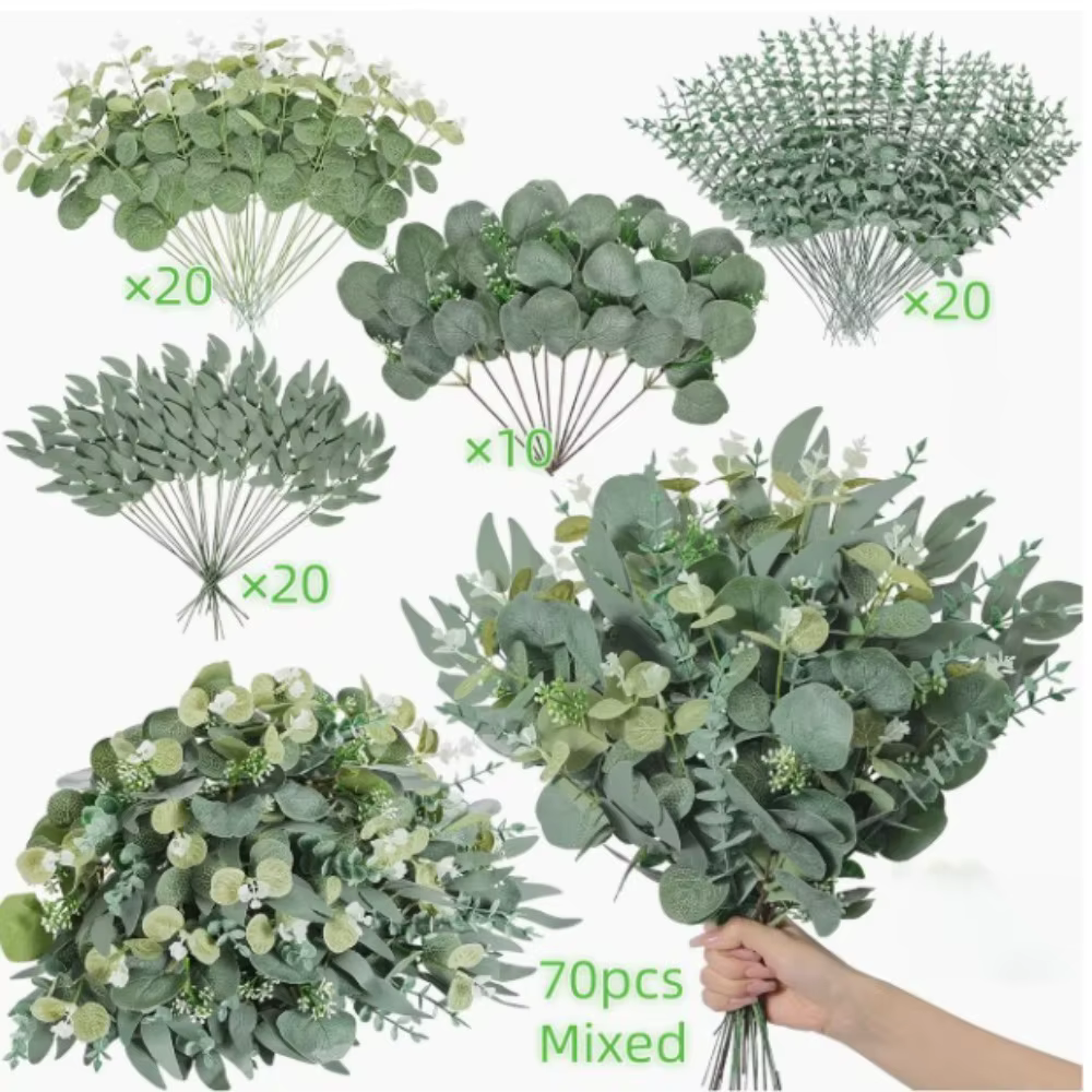70 PCS Nouveaux Bouquets de Fleurs Artificielles en Feuilles d'Eucalyptus Décoration Maison DIY Arra