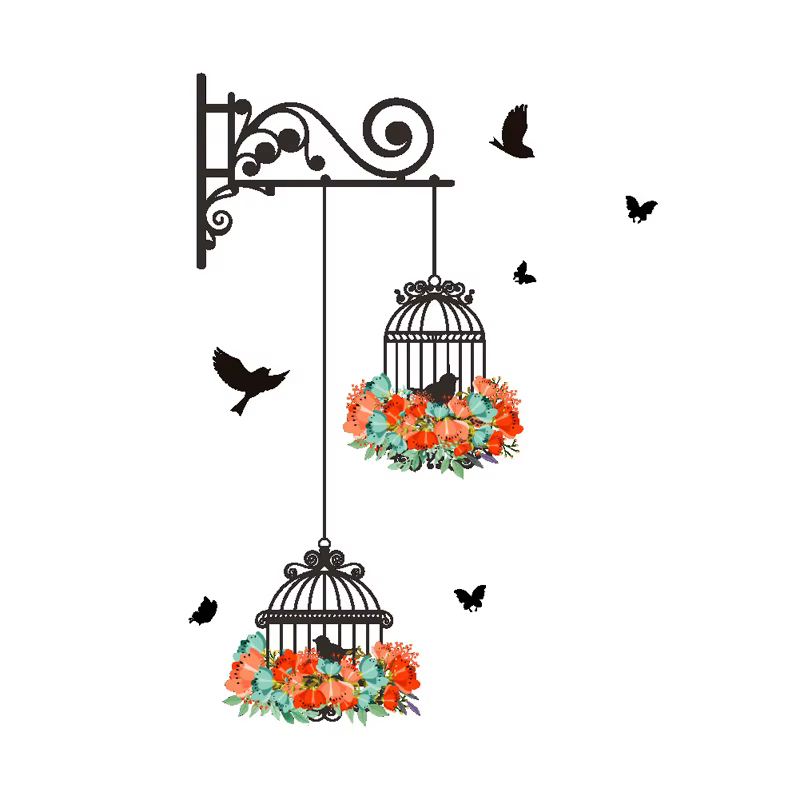 Autocollant Mural Coloré avec Cage à Oiseaux Volants, Décoration Créative pour la Maison, Salon, Pap