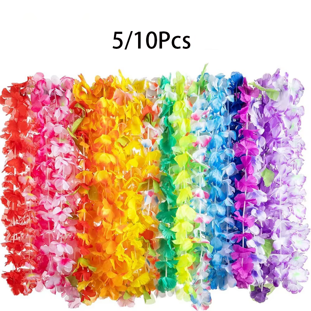 5/10 pièces Leis pour Luau couleur hawaïenne décoration fleur en soie Leis été plage piscine en vrac