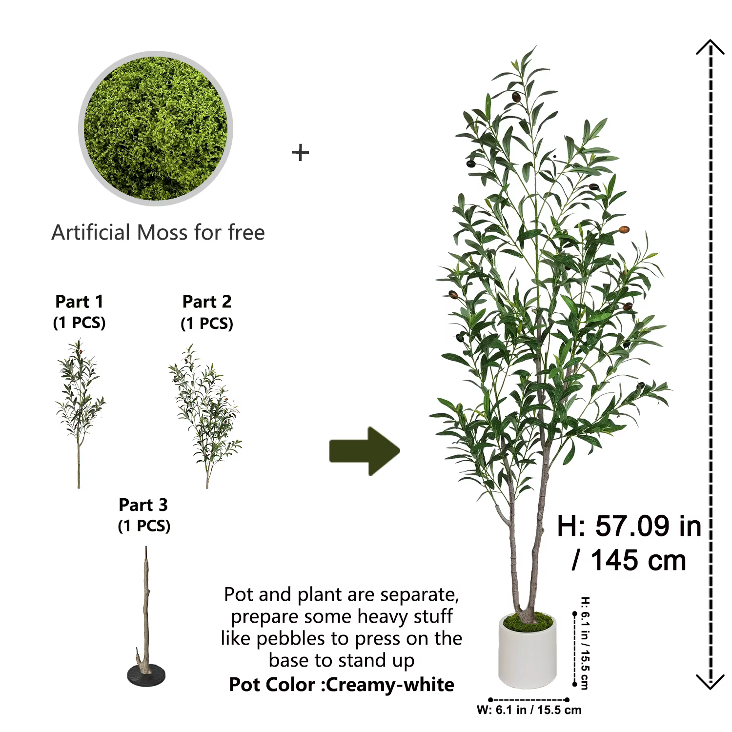 Arbre d'olivier artificiel à double tronc de 145 cm à 175 cm / 5,7 pieds, plante artificielle pour l