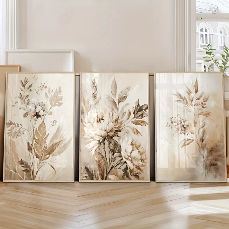 Affiches murales artistiques florales beiges, 3 pièces, imprimés botaniques, décor de salon, toile f
