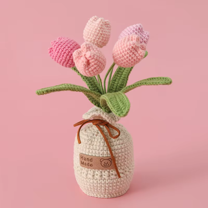 2025 tulipes fleurs au Crochet avec Pot de tournesol tricoté, accessoires de bureau, Pot de plantes 