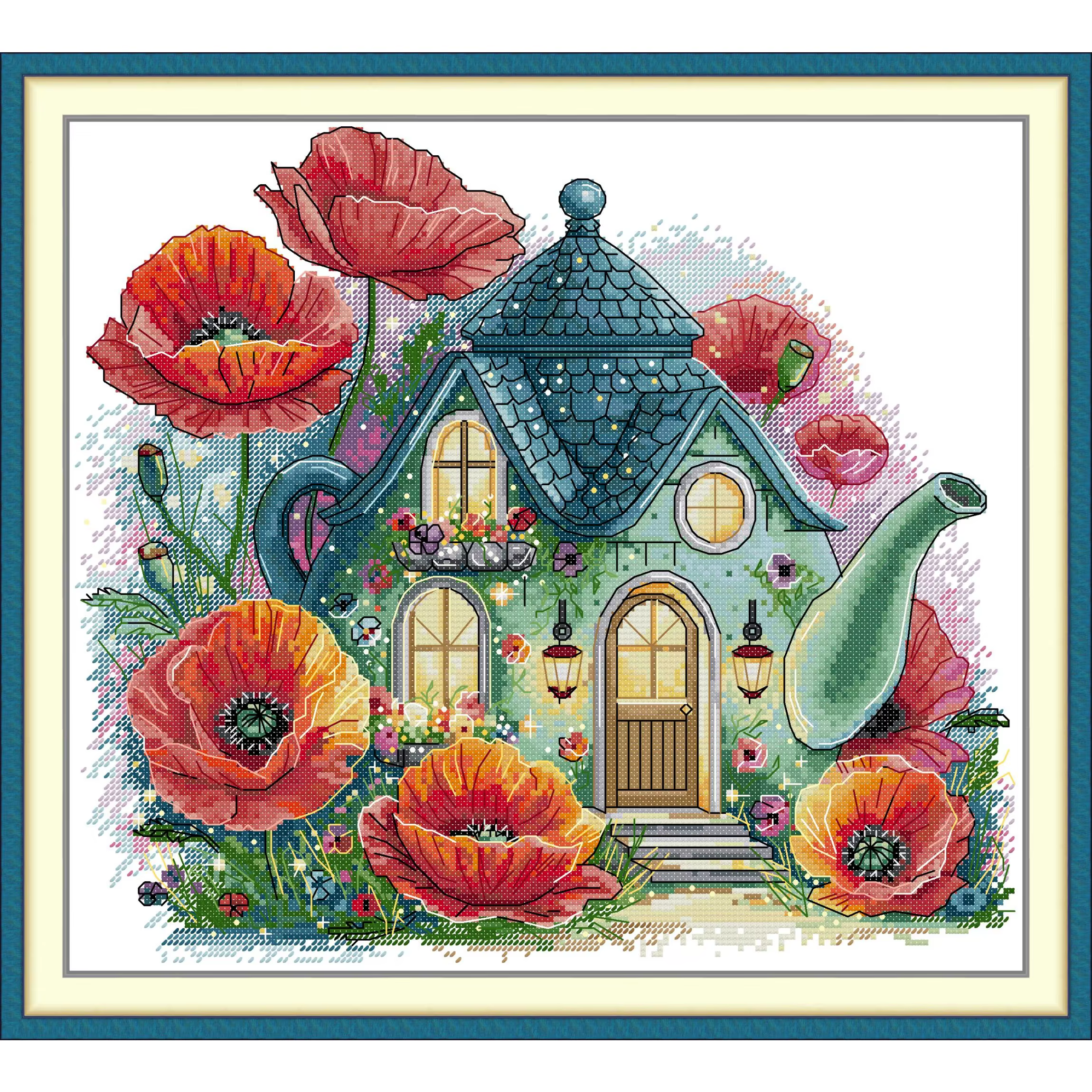 Kit de point de croix « The Flower Teapot Cottage », toile imprimée Aida 14ct 11ct, broderie DIY fai