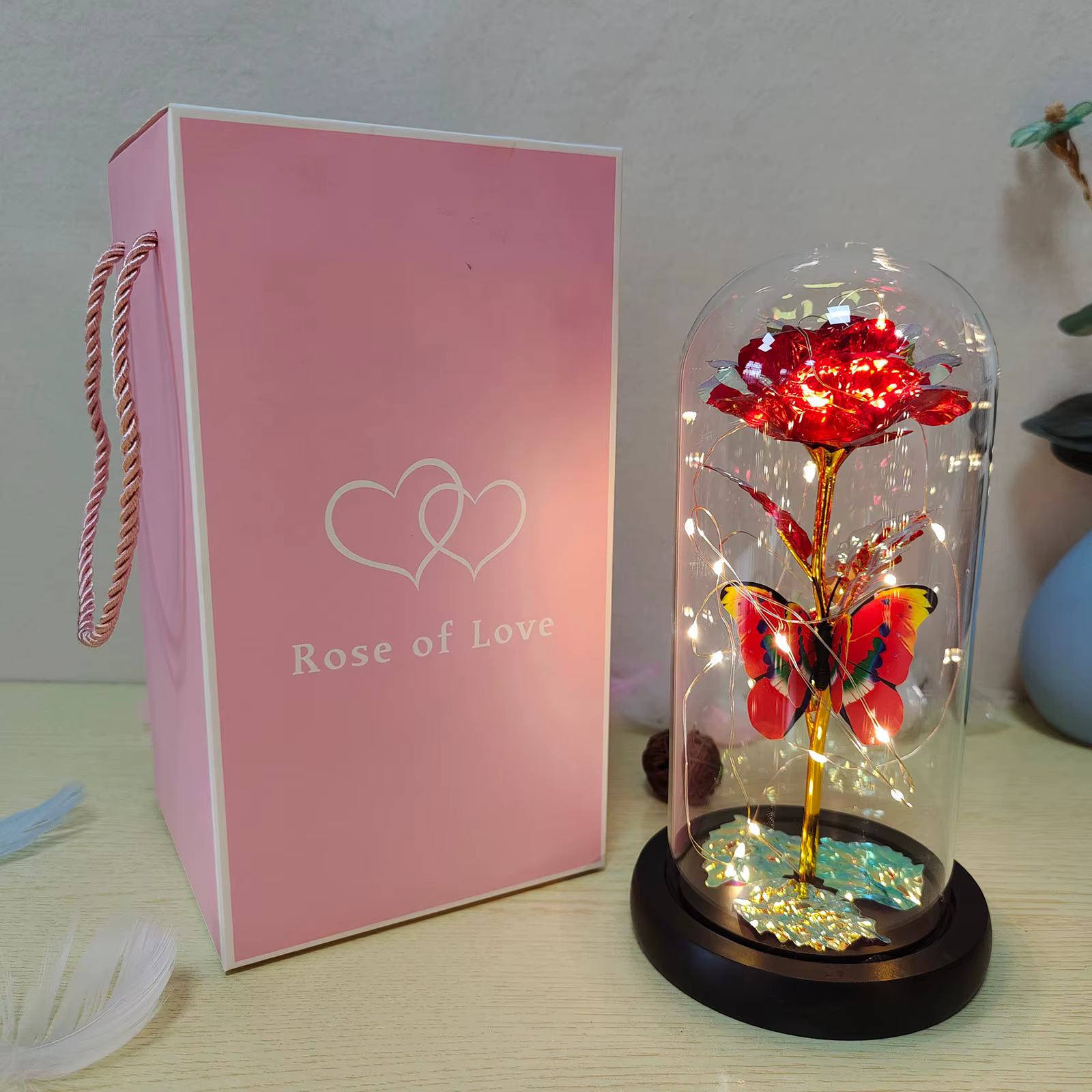 Rose lumineuse artificielle galaxie Rose lampe avec papillon et fleurs roses LED colorées en verre a