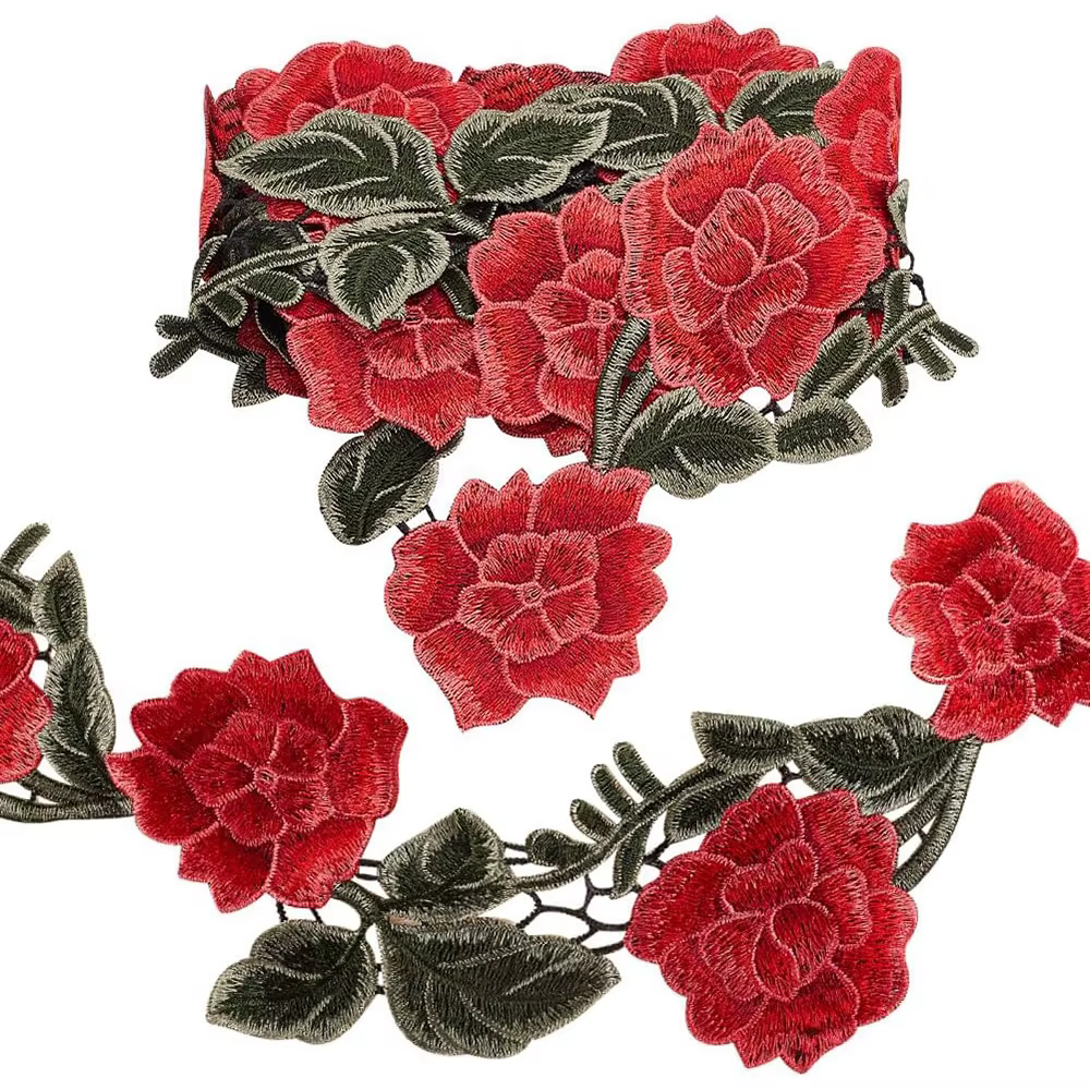 Ruban de bord de tissu de dentelle de fleur de broderie rouge, jupe de bricolage, accessoires vestis