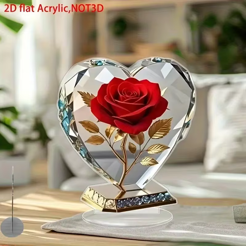 Sculpture bohème en forme de cœur en acrylique, 1 pièce, ornement avec Roses rouges et accents dorés
