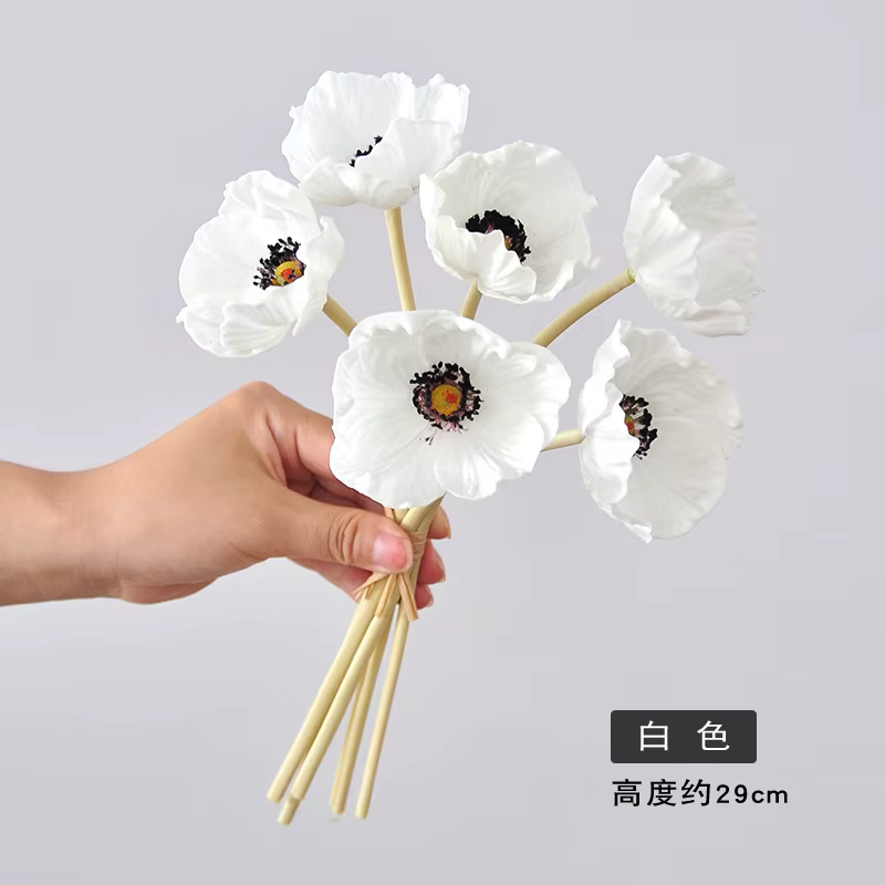6pcs Branche de fleur de pavot de maïs au toucher réel Papaver Rhoeas artificiel pour bouquet de mar