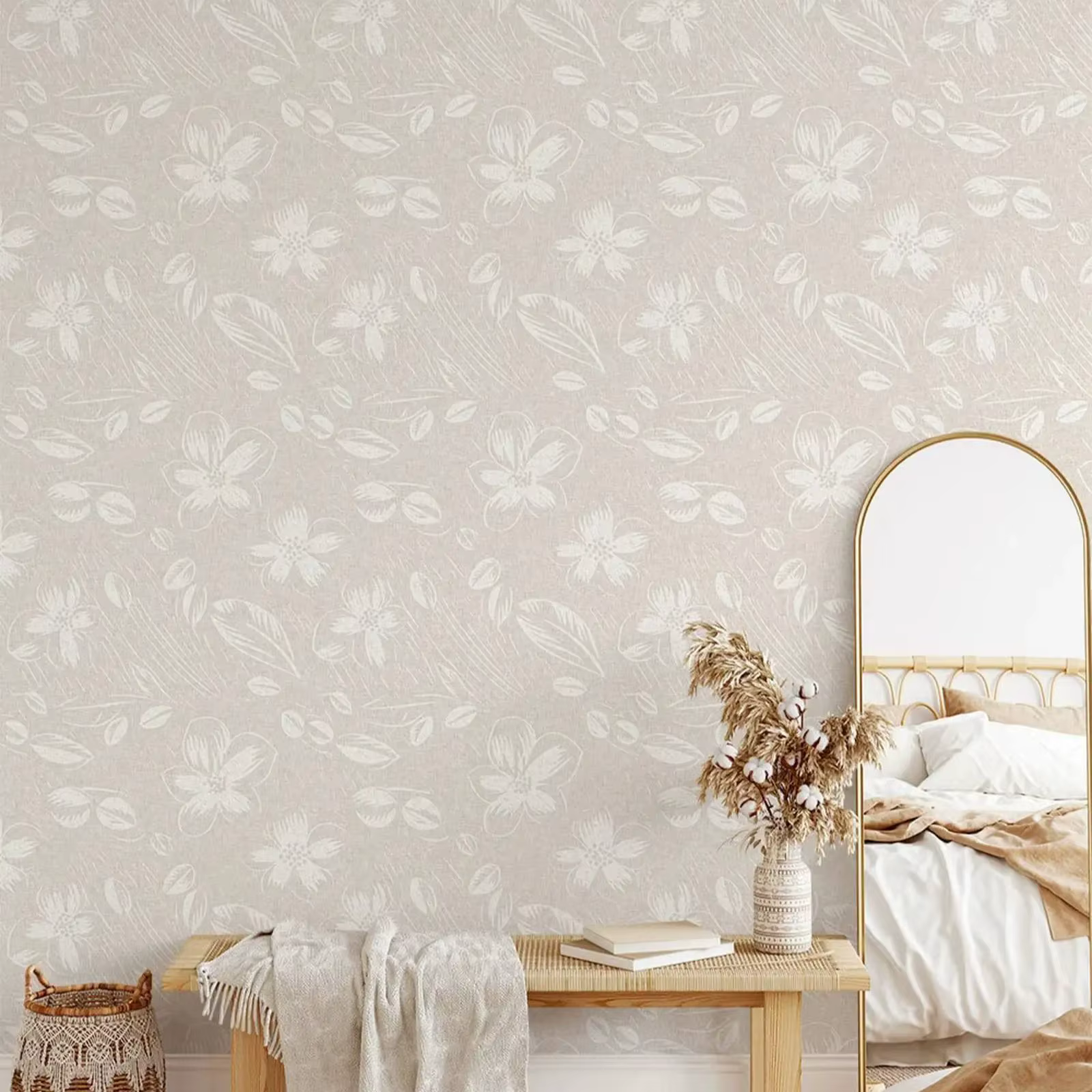 Papier peint floral beige neutre, papier peint mural beige clair de style Boho, papier peint floral 