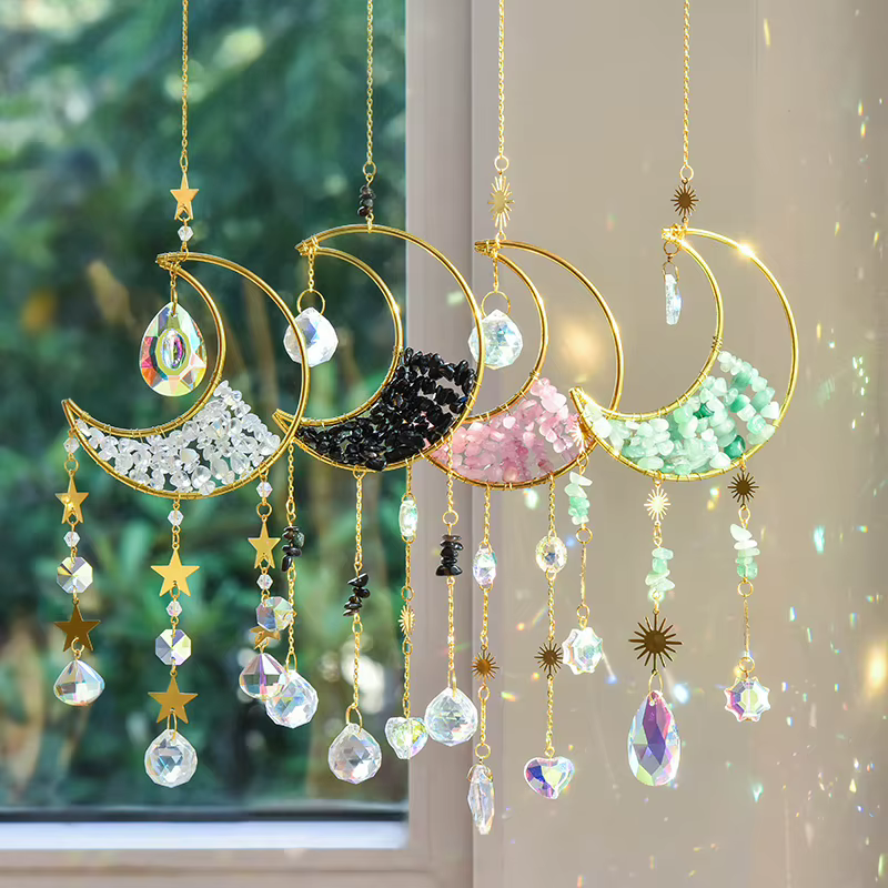 Attrape-soleil en forme de lune, carillon éolien en cristal, pendentif suspendu en métal, diamant ar