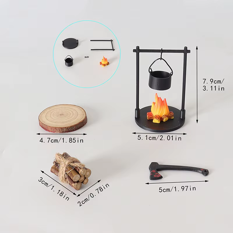 Feu de camp miniature et théière, décorations de sculpture miniature sur le thème de la fantaisie mo