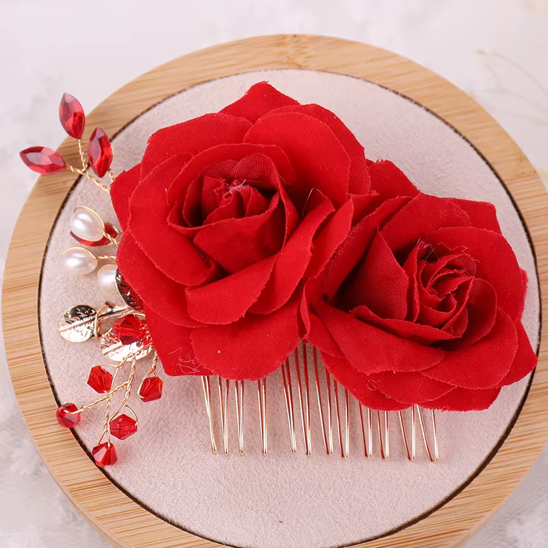 Peignes à cheveux à fleurs de Rose rouge pour femmes, bijoux de cheveux faits à la main, diadème en 
