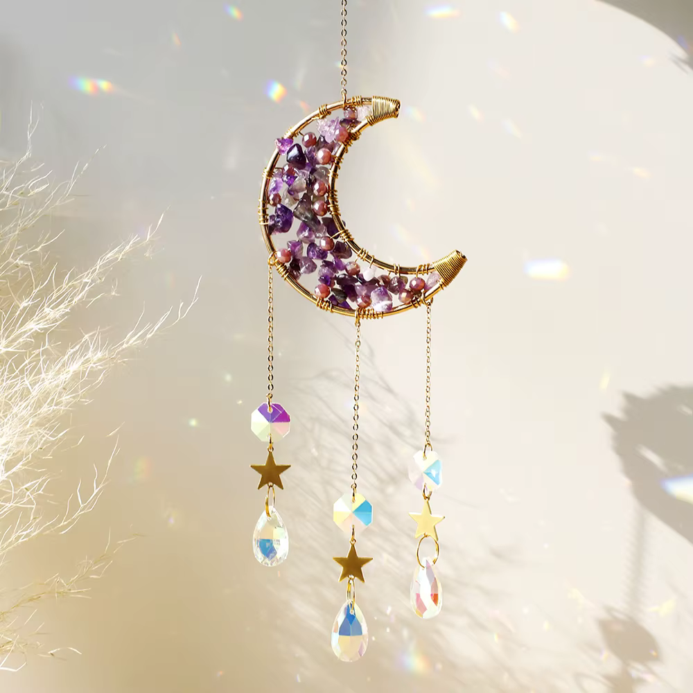 Améthyste Suncatcher lune cristal pierre précieuse Windchime Sun Catcher décor à la maison arc-en-ci