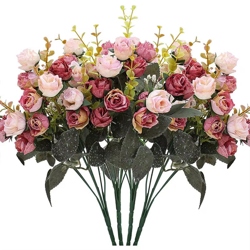 Rose artificielle en soie, 7 fourchettes, 21 têtes, pour Bouquet de mariage, Arrangement de maison, 