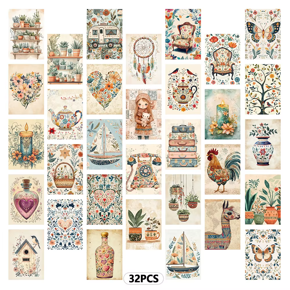 32 pièces, cartes postales à thème floral, autocollants muraux, cartes de correspondance, cartes de 