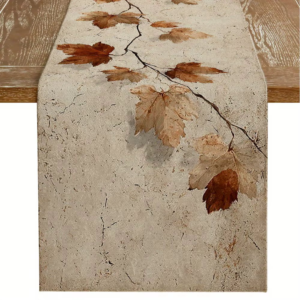 1 Chemin de table sur le thème des feuilles tombées d’automne, base craquelée vintage, motif de bran