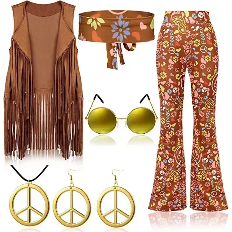Hippie Disco 60s 70s Cosplay Costume femmes paix amour filles hanche indien glands Hippie gilet Card