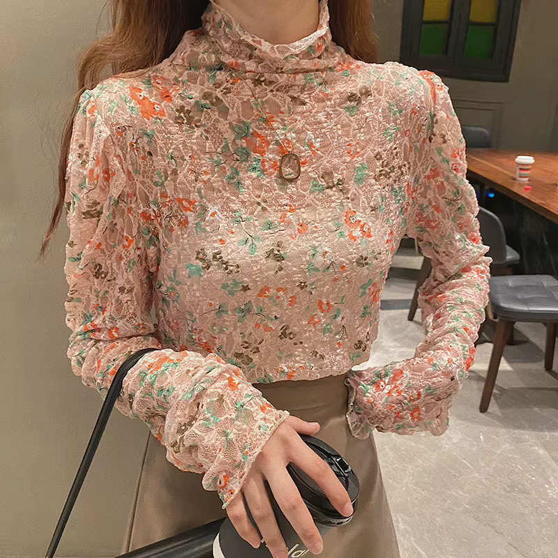 Haut polyvalent à motif floral pour femme, col roulé ajusté à manches longues, idéal pour l'automne 