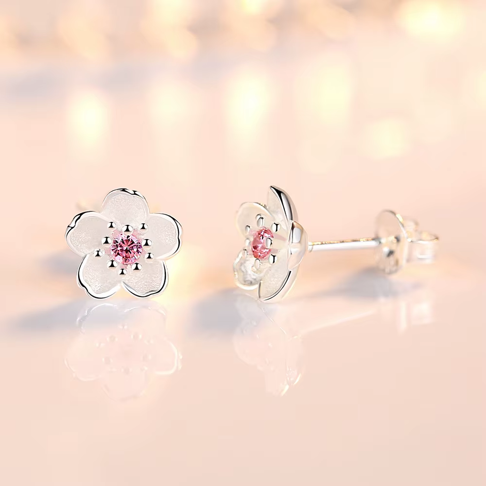 Boucles d'oreilles clous exquises et romantiques en zircon rose et violet, motif fleur à cinq pétale
