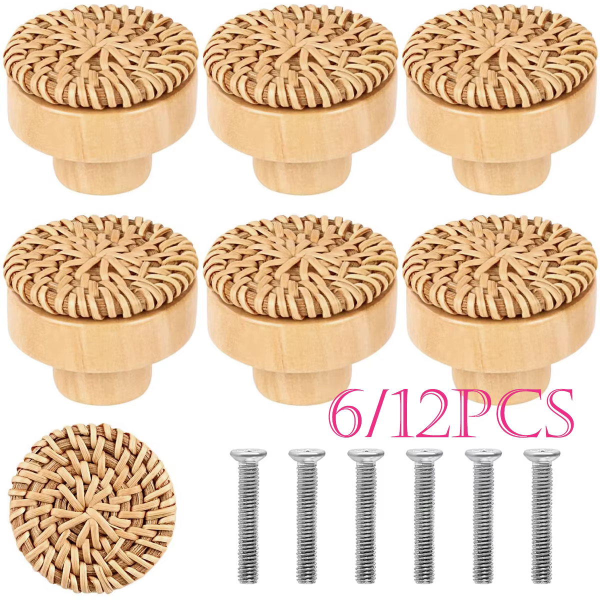 6/12 pièces boutons de tiroir en bois de rotin Boho boutons de commode en rotin armoires rondes fait