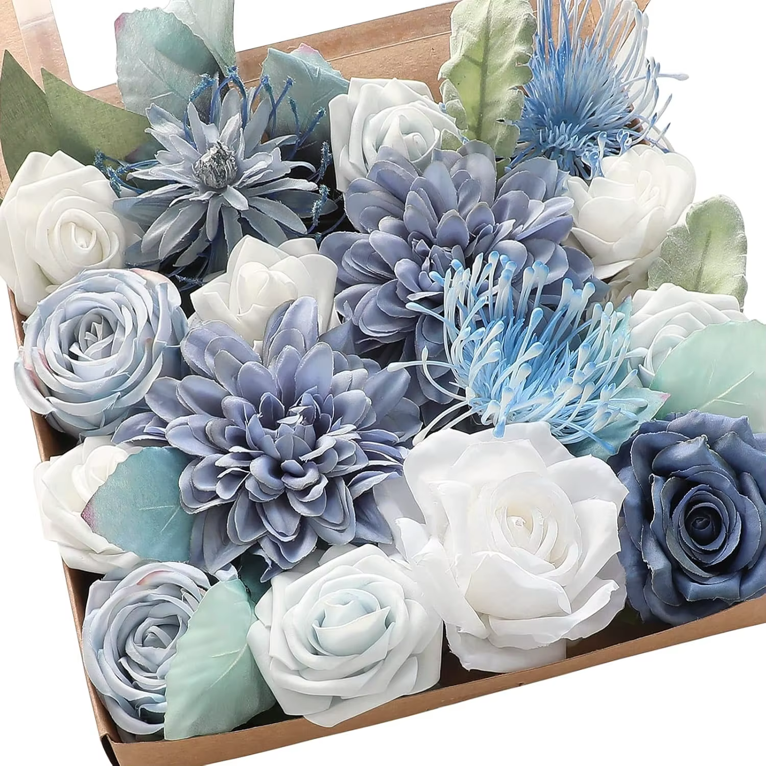 AUSOGO – Coffret de fleurs artificielles bleu poudré, roses, dahlias et verdure pour bouquets de mar