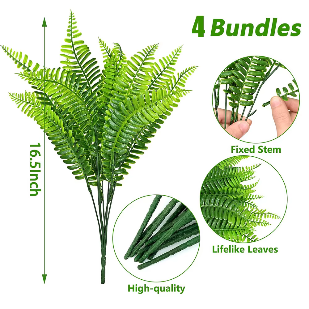 Lot de 4 à 20 plantes artificielles, fausses fougères de Boston, arbustes artificiels, verdure résis