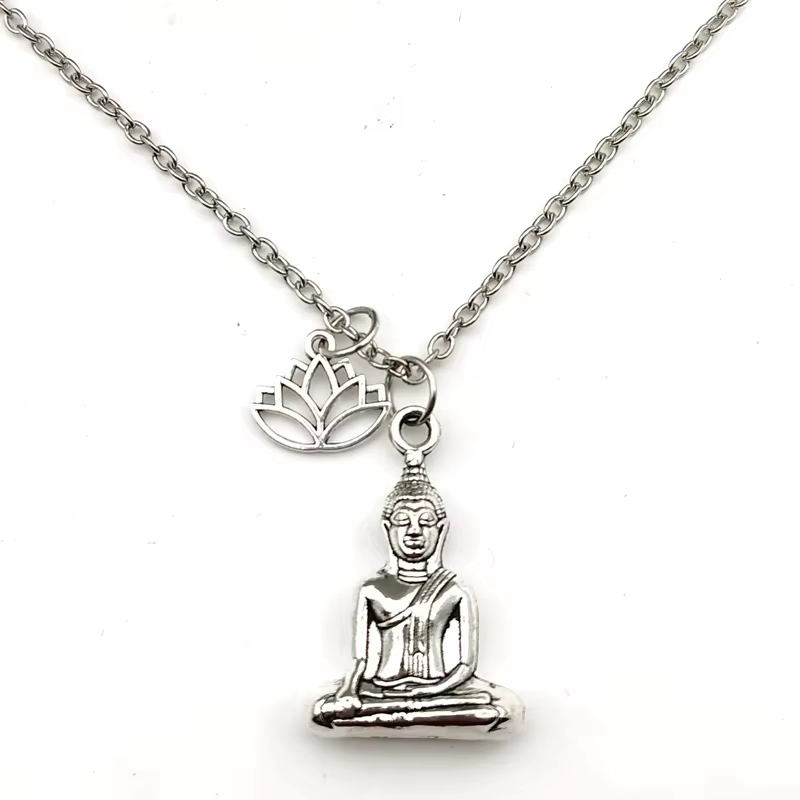 Collier Bouddha, collier fleur de Lotus, couleur argent, pendentif spirituel, cadeau pour ami, homme