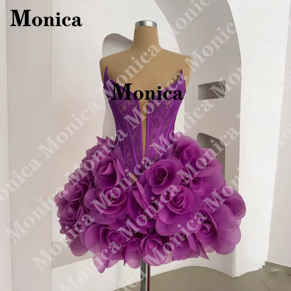 MONICA à la mode 3D fleurs robes De Cocktail courtes pour les adolescents col en v dentelle à lacets