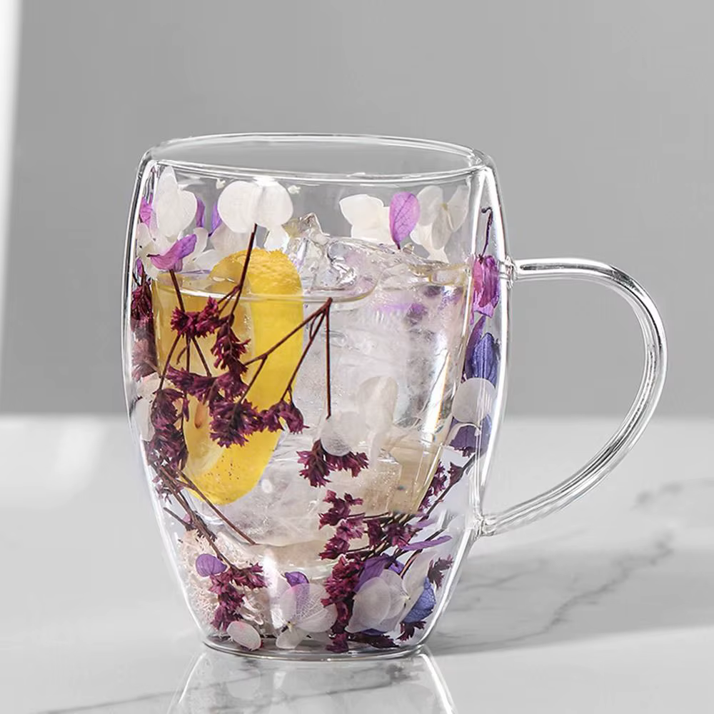 Tasse à café à double paroi de fleurs séchées, tasses en verre de fleurs séchées, tasse de fleurs cr
