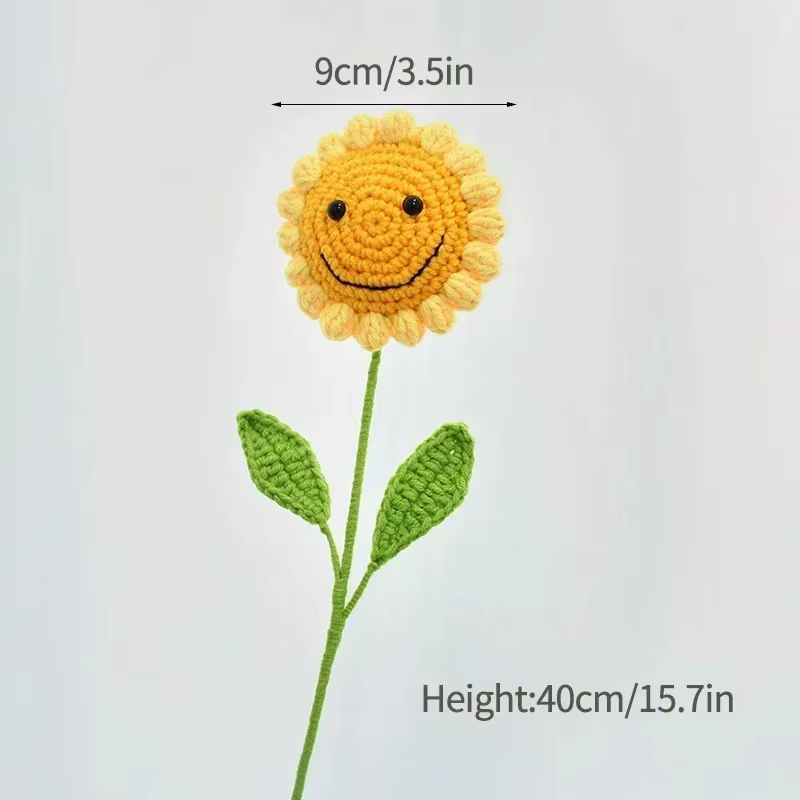 Bouquet de tournesol au crochet en laine fait à la main – 1 branche unique avec visage souriant, déc
