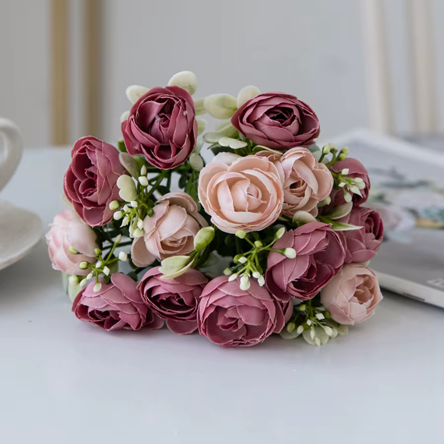Fleurs artificielles Soie Rose Petit Thé Bourgeon De Mariage Couronne Photo Graphique Fond Maison Ch