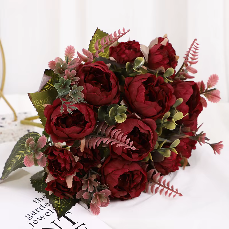 Bouquet de fleurs artificielles en soie pivoine, bouquet de mariée, arrangement floral, accessoires,