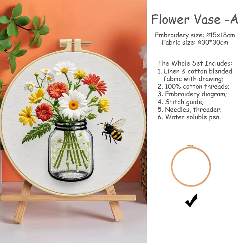 Kit de broderie DIY vintage Set Fleurs en vase et Art des fleurs avec abeille