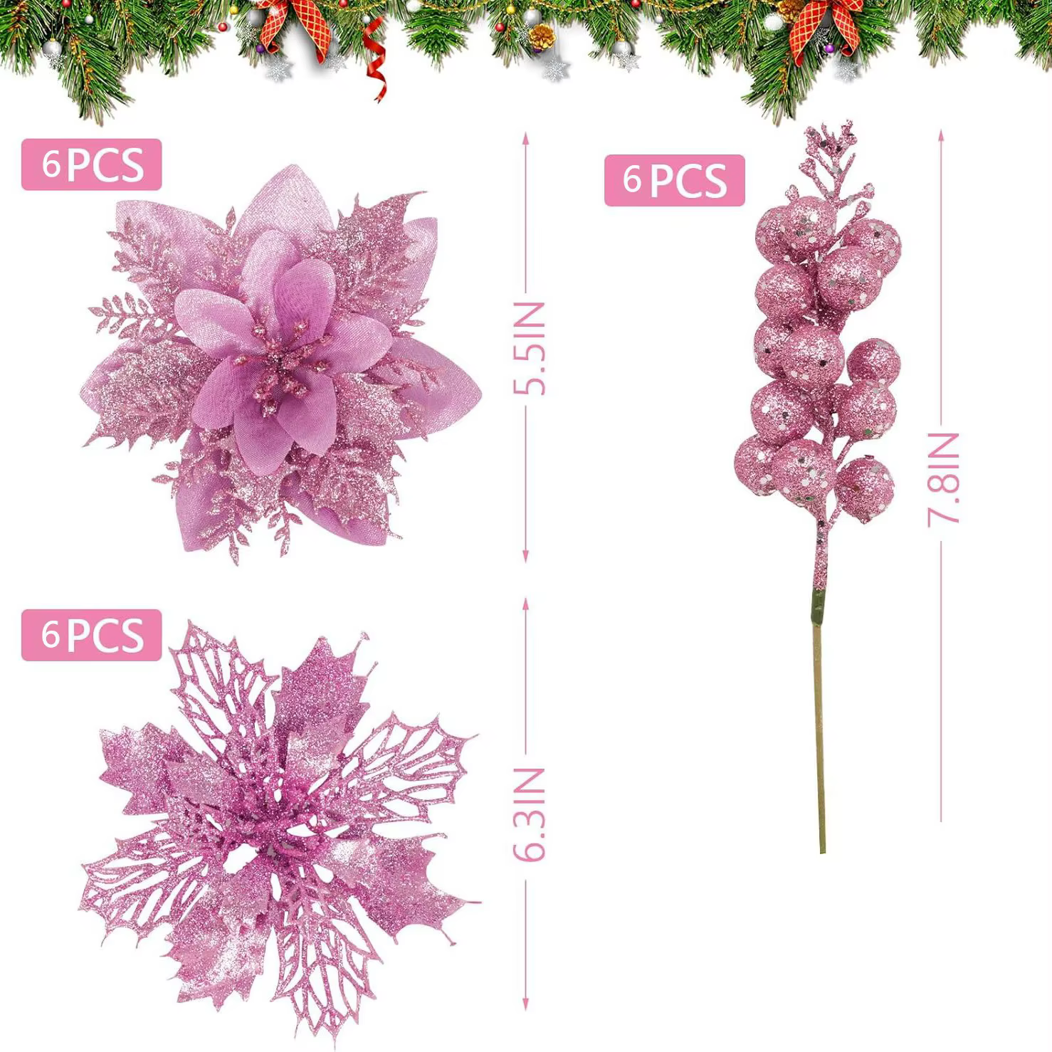 Bouquet de fleurs de noël artificielles et de baies à paillettes, 18 pièces/ensembles, décoration d'
