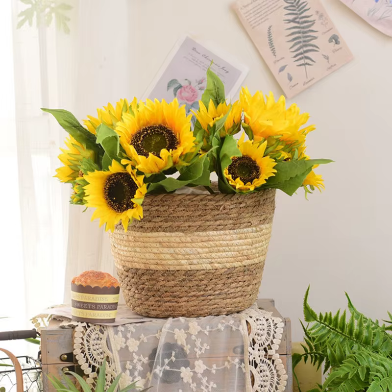 Pot de plantes à fleurs tissées en paille, panier de jardinière d'herbe, couverture de Pot de fleurs