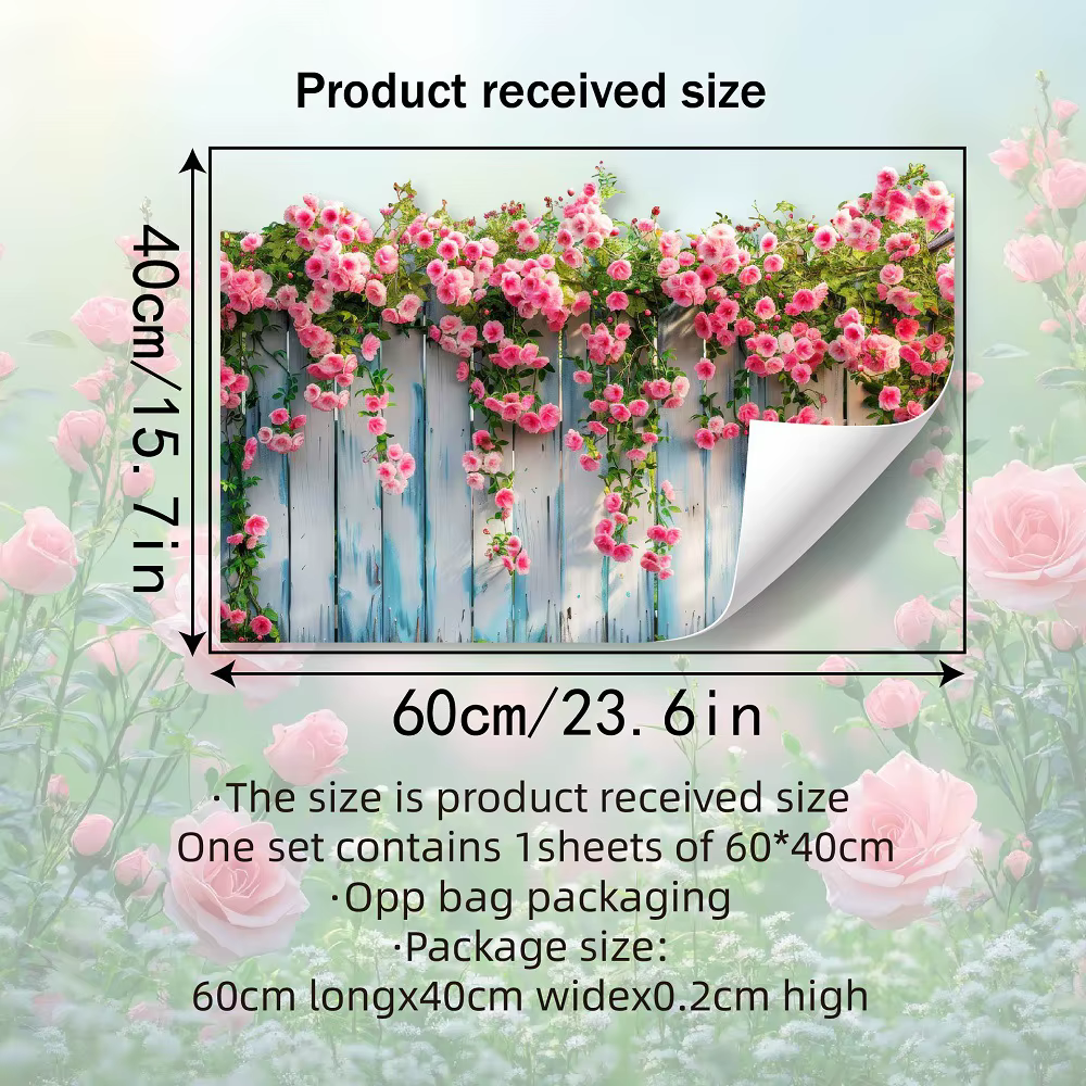 Papier peint mural floral 3D rose, papier peint vintage bleu avec clôture en bois, décoration murale