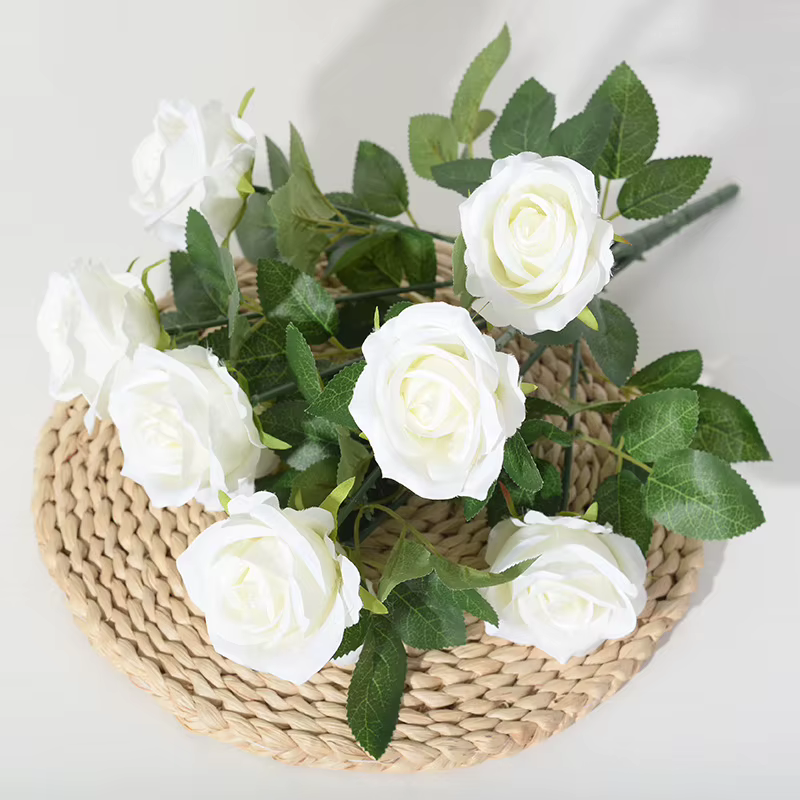 Roses artificielles en soie marron à 9 têtes, Arrangement de mariage, Bouquet de fête, décoration de