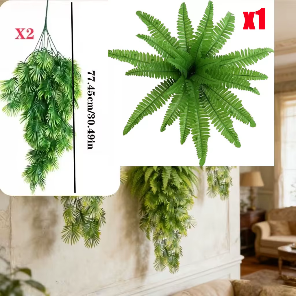 Ensemble de 3 plantes suspendues artificielles : fougère de Boston à feuilles larges et herbe Carex,