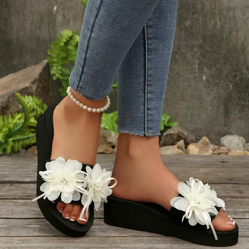 Mode fleur compensées talon haut maison pantoufles femmes été semelle épaisse tirer sur chaussures d