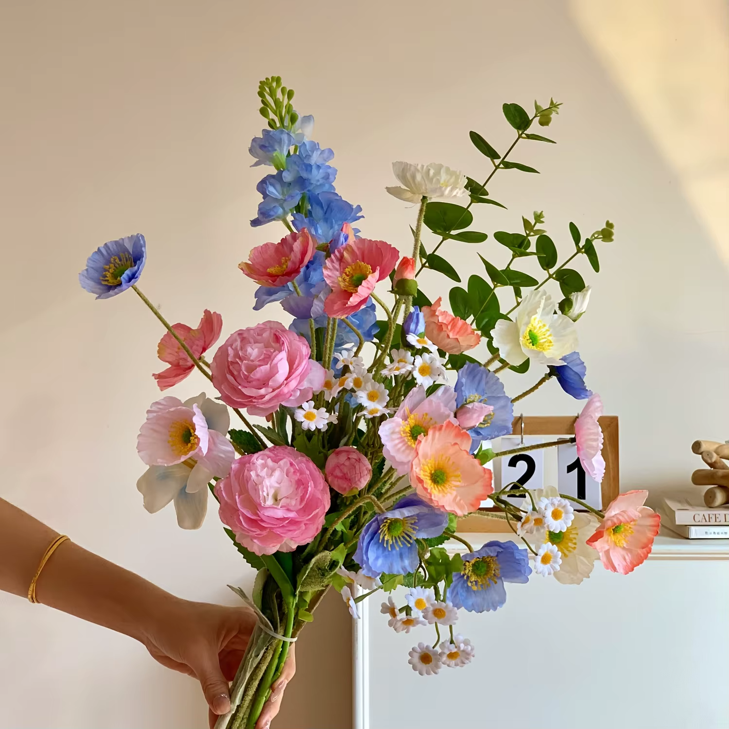 Bouquet de 11 tiges de fleurs artificielles mélangées de pavot de Inde pour l'aménagement des salons