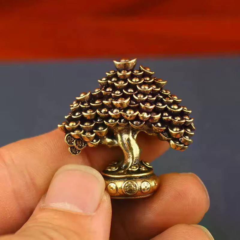 Ornements d'arbre de Fortune en laiton, lingot d'arbre en pot, ornements rétro en laiton, Sculpture 