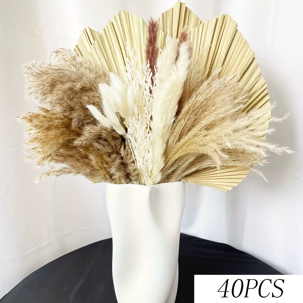 Herbe de la Pampa duveteuse, feuilles de palmier séchées naturelles, bouquets de fleurs, accessoires