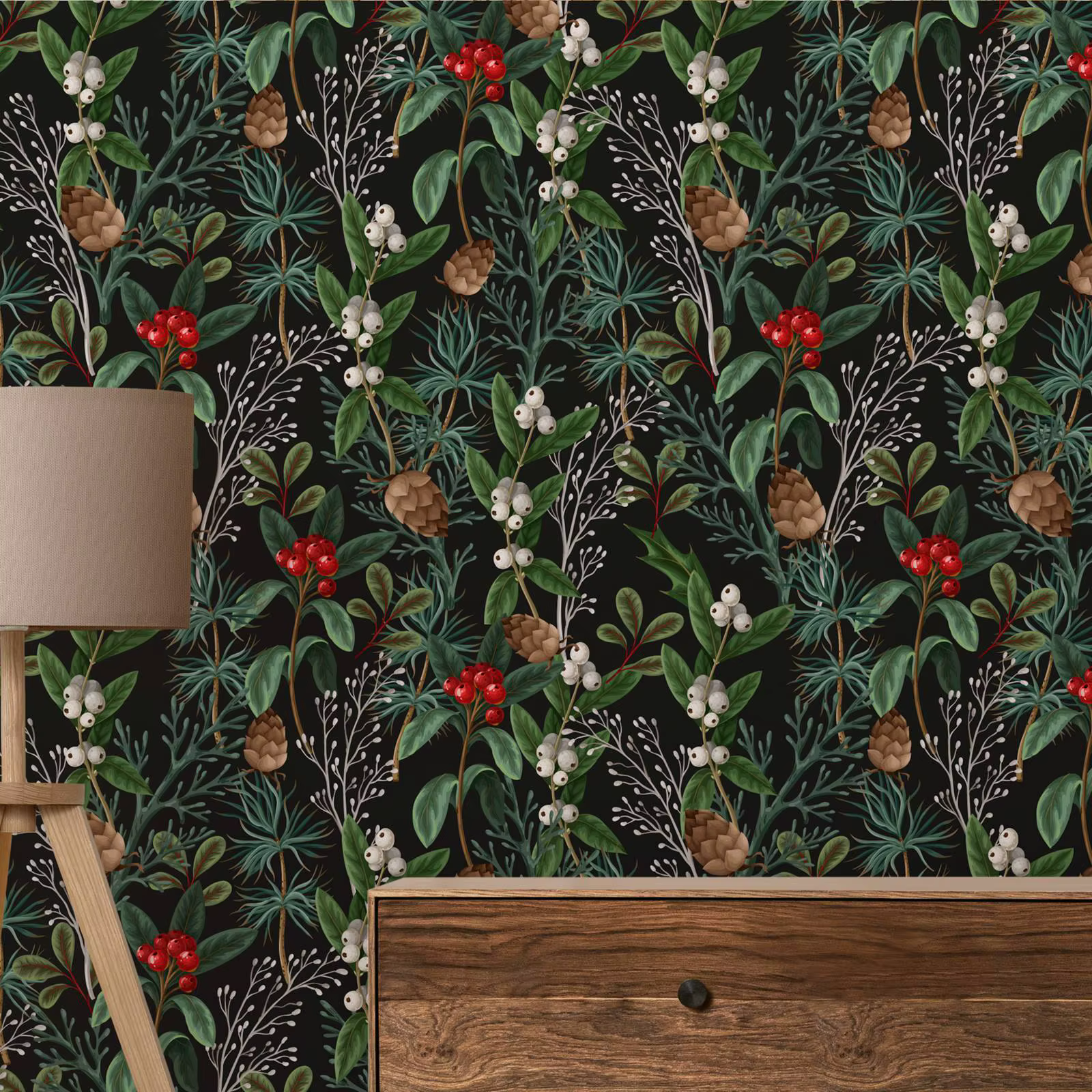 Papier peint botanique foncé peler et coller, papier peint feuilles vertes, papier peint floral vint