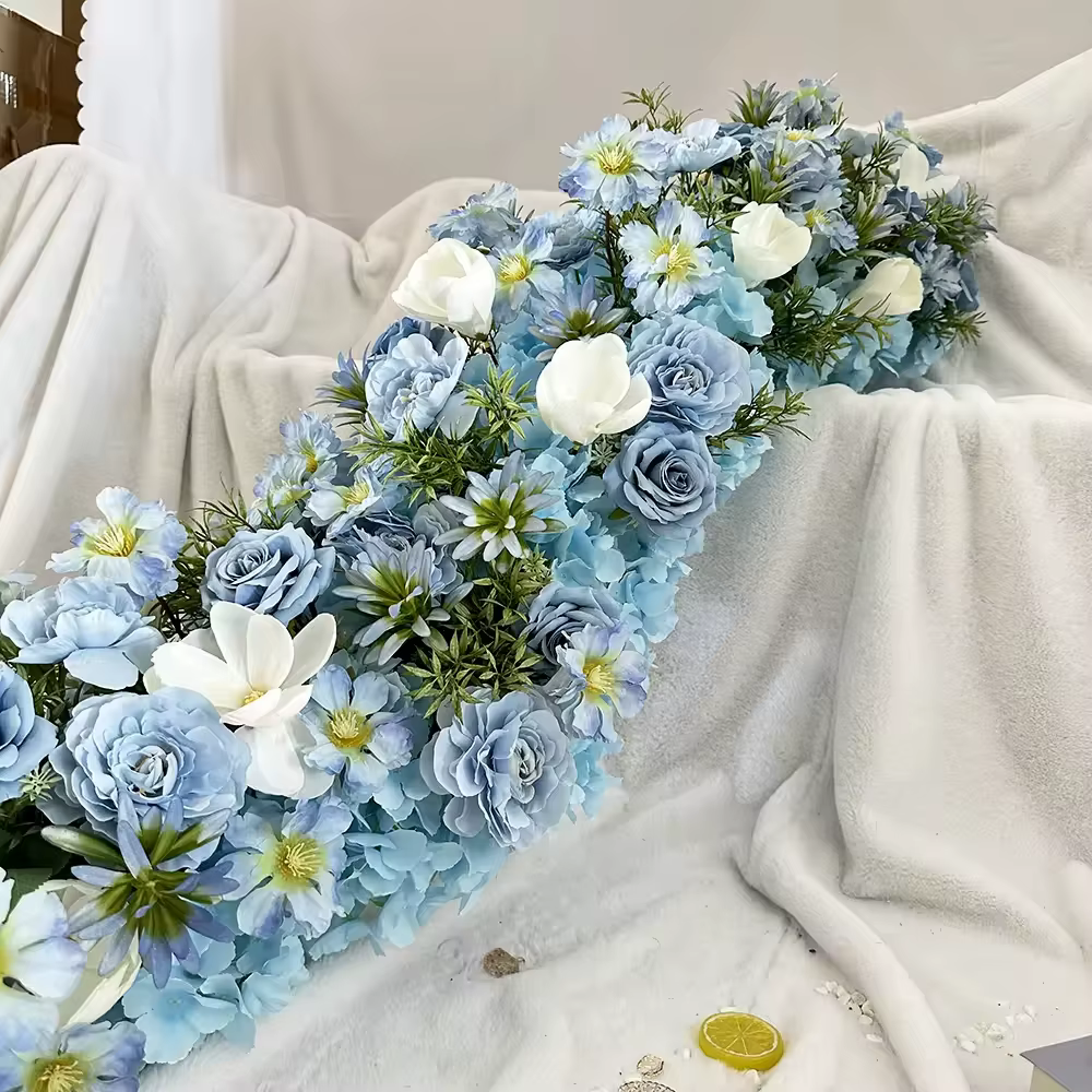 Uflower 200cm Chemin de table en fleurs artificielles bleues élégantes, fond de scène artificiel pou