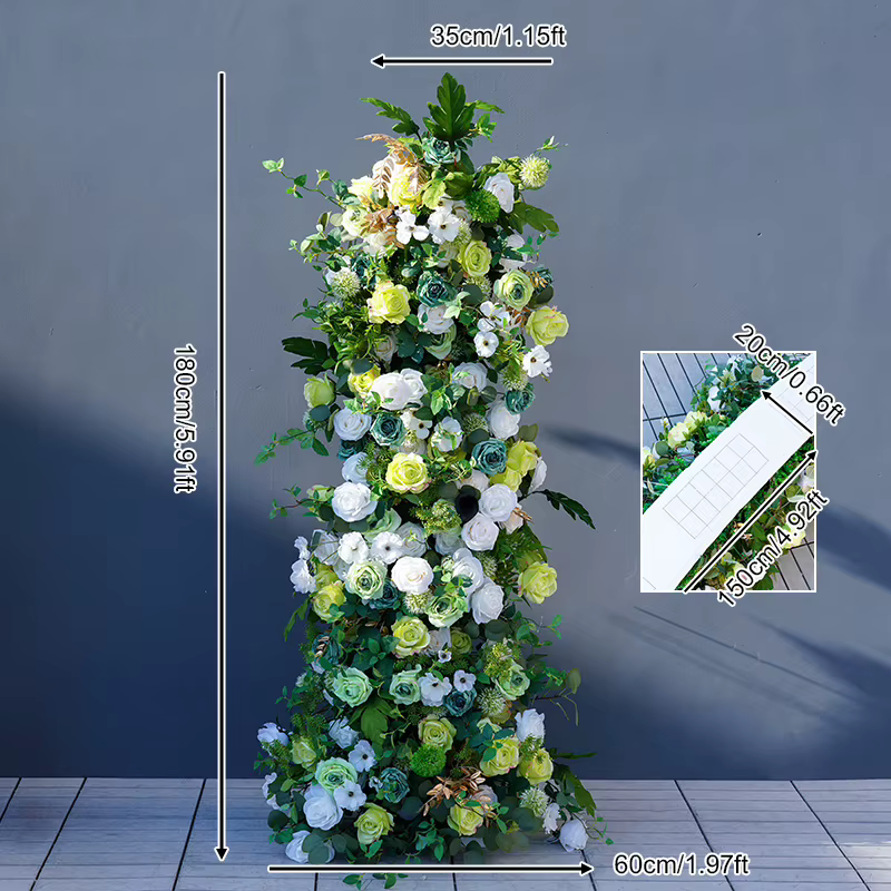 Champagne blanc verdure feuilles canapé coureur Arrangement Floral décor mariage toile de fond KT co