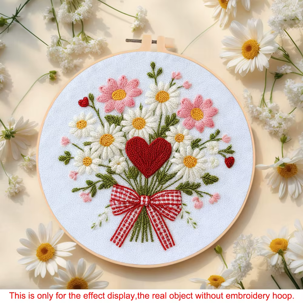 Kit de broderie Momoart avec cerceau, motif floral pour adultes débutants, broderie en forme de cœur