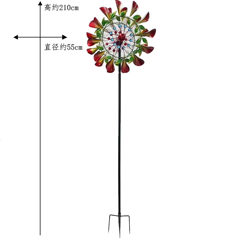 Moulin à vent à fleurs trompette Double face, avec lumière solaire rotative en fer, décor de jardin,