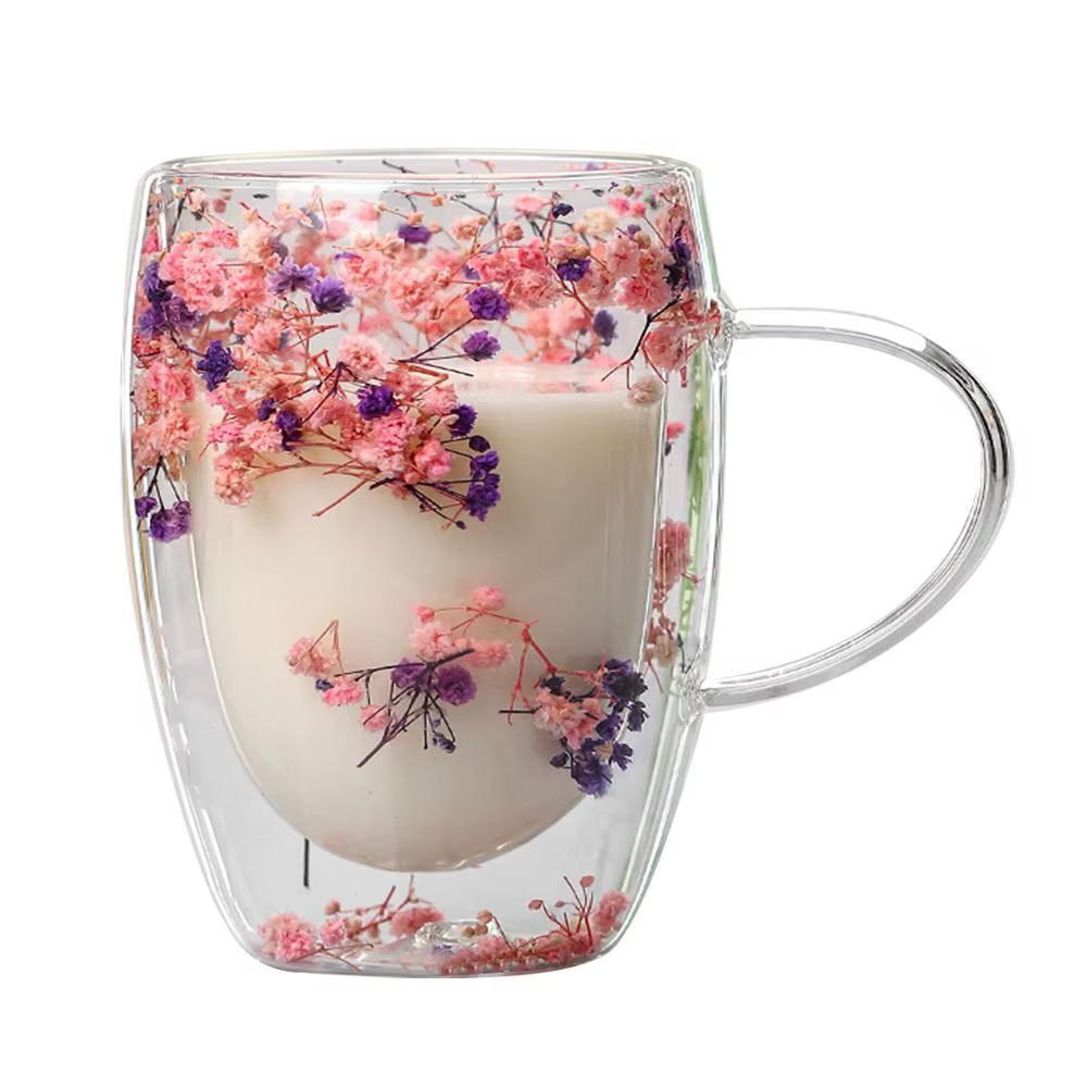 Tasse en verre à double paroi avec fleurs séchées, tasse à café créative, fleur décorative, 350ml