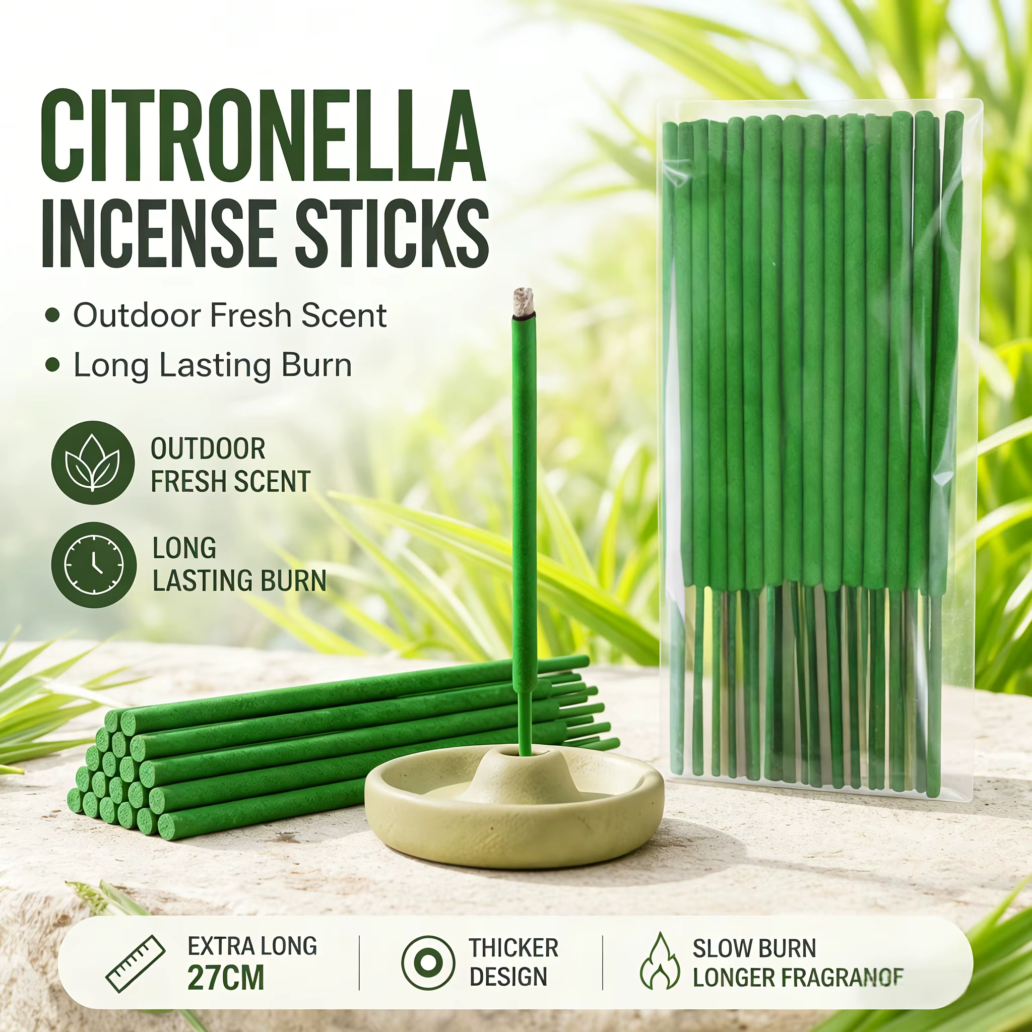Bâtons d'encens anti-moustiques à la citronnelle de 27 cm de long – Durée de combustion pouvant alle