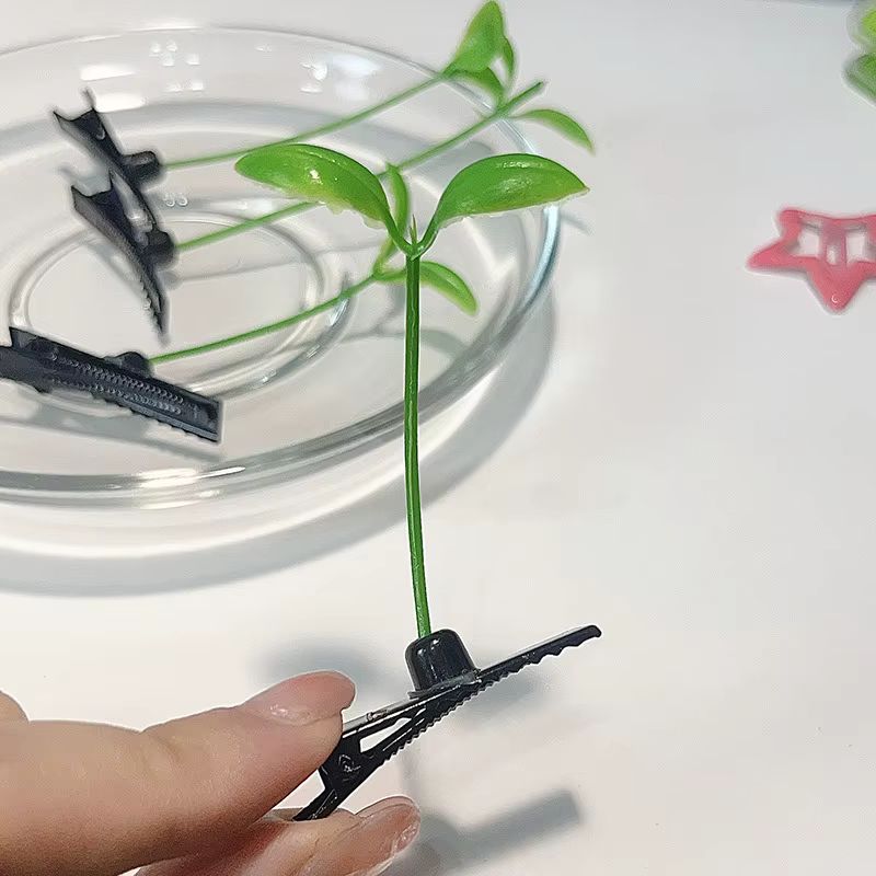 Artefacts mignons, petits germes de haricots amusants avec une herbe en croissance sur leurs têtes, 